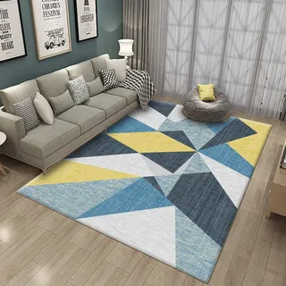FLOORMATJING Rutschfester Teppich Wohnzimmer 7mm dick Velours Kinderteppich Gelb Blau Unregelmäßige Geometrie Muster 160x230cm 40x60cm 40x60cm