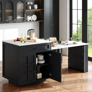 ModernLuxe Ausziehbarer Bartisch mit Stauraum (133-202×70×93,5 cm), Kücheninsel Erweiterbar, Mit 2 Schubladen, 4 Fächern und seitlichen Ablagen, Für 2-6 Personen, Schwarz