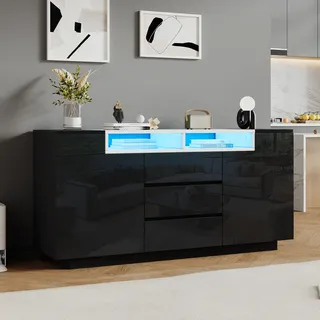 Merax Sideboard Hochglanz Schwarz mit LED, Kommode mit 2 Türen, 3 Schubladen, Buffetschrank Mehrzweckschrank mit Verstellbare Regalböden, Beistellschrank Flurschrank für Wohnzimmer, Esszimmer, 140cm