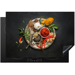 KitchenYeah© Herdabdeckplatte Einteilig Küche Glaskeramikkochfeld Abdeckplatte Glaskeramikkochfeld Abdeckung Induktionskochfeld Schutzmatte Gewürze - Paprika - Löffel - Kräuter - Gemüse - 78x52 cm