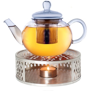 Creano Teekanne aus Glas 0,8l + ein Stövchen aus Edelstahl, 3-teilige Glasteekanne mit integriertem Edelstahl Sieb und Glasdeckel, ideal zur Zubereitung von losen Tees, tropffrei