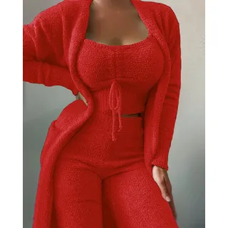 ONEMTB Nachtwäsche Robe Winter Bademantel Flauschig Fleece Morgenmantel Herbst Winter Damen Samt Pyjama Set Crop Top + Lange Hose + Mantel 3 Stück Anzug Warm Soft Fleece Homewear Pyjama S-3Xl