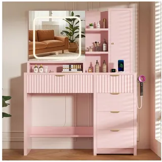 Lexzurn Schminktisch Schminktisch mit LED-Beleuchtung, Kosmetiktisch mit Spiegel, 5 Schubladen+8 offene Fächer, Helligkeit verstellbar, 90x139x40 cm rosa