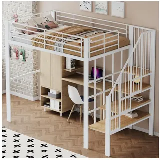LuxusKollektion Metallbett Hochbett Metall 140x200 mit Leiter weiß weiß 200 cm x 140 cm x 169 cm