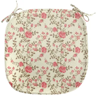 ABAKUHAUS Rose Polster für Esszimmerstühle, Rustic Floral Classical, Dekoratives wasserfestes Kissen mit Riemen für Küchensitze, 40 cm x 40 cm, Blassgelb Dunkel Coral