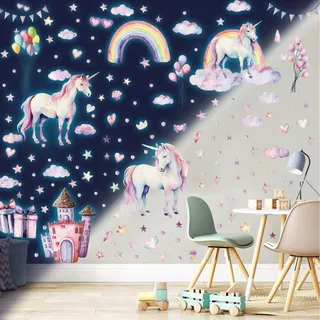Einhorn Wandtattoo Kinderzimmer Leuchtsticker Einhorn Leuchtend Wandaufkleber Mädchenzimmer Regenbogen Schlos Leuchtaufkleber Fluoreszierend Wandaufkleber Babyzimmer Deko für Mädchen Geschenke Blau