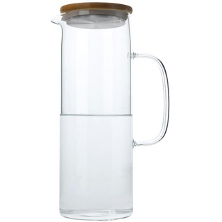 Intirilife Karaffe mit Bambusdeckel in KLAR - 1,6l Krug aus Borosilikatglas mit Henkel Holz Deckel für heiße und kalte Getränke, Tee, Kaffee, Wasser