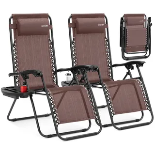 SereneLife Sonnenliege Klappbar 2er Set, Zero Gravity Liegestuhl Garten, bis 120 kg Braun, Verstellbar und Wetterfest, mit Tisch Getränkehalter und Kopfkissen, für Balkon Terrasse Camping Strand Relax