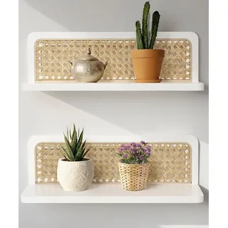 Wandregal 2er Set, weiß, Holz und Rattan, für Wohnzimmer