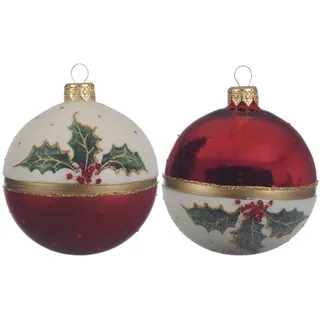 Kaemingk Weihnachtsbaumkugel, Weihnachtskugeln Glas mit Motiv Mistelzweige 8cm rot / weiß, 6er Set rot