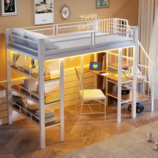 Merax Hochbett 90x200 cm, mit LED Lichtleiste und Steckdose, Metallbett mit Bücherregal, Schreibtisch und Stauraumleiter, multifunktionales Einzelbett mit wendbarer Leiter, Weiß (ohne Matratze)