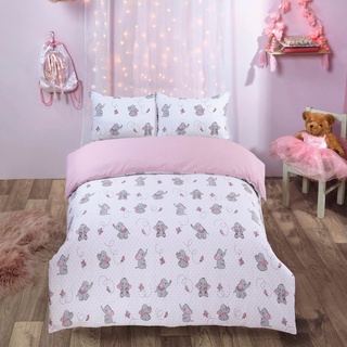 DREAMSCENE Ellie Elefant Bettbezug mit Kissenbezug Wendebettwäsche Set Schmetterling Polka Dot-Doppelbett, Blush Pink Grau Weiß