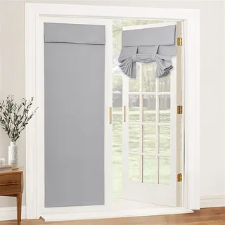 Momooda Französischer Türvorhang Blickdicht, Tür Vorhang ohne bohren, Selbstklebender Verdunkelungsvorhang für das Fenster vor der Vordertür mit Raffhalter, 1 Paneel, Hellgrau, 76x203cm