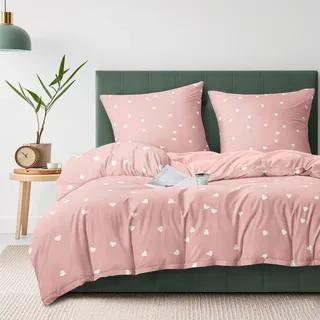 Gezu Herzen Bettwäsche 220x240cm Rosa Weiß mit Roten Herzen Bettbezug 3 teilig Aesthetic Weich Microfaser Rot Herzchen Bettwäsche Set Herz Bettbezug und 2 Kissenbezug 80x80 cm mit Reißverschluss