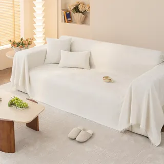VanderHOME Multifunktionale Sofaüberwurf Decke großer Couch Überwurf Sofa Cover Chenille Sofadecke, Tagesdecke mit Quasten,Minimalistische Deko-Decke 180 * 300cm-Weiß