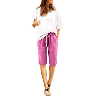 Leinenshorts Damen Boho Knielang mit Tunnelzug Kurze Hose Leinen Bermuda Shorts Sommershorts High Waist Sommer Lose Radlerhose Große Größen Damen-Shorts Sport Biker Strand Yoga Shorts Leinenhose