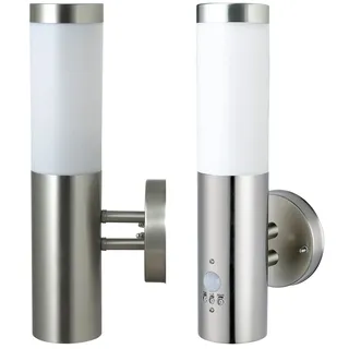 Novatool 2x Wandleuchte Aussen Edelstahl mit und ohne Bewegungsmelder IP44 E27 Sockel 7,8x14,5x36 cm Außenlampe Balkon Außenleuchte Außenbeleuchtung Haus Wandleuchte Aussenbeleuchtung