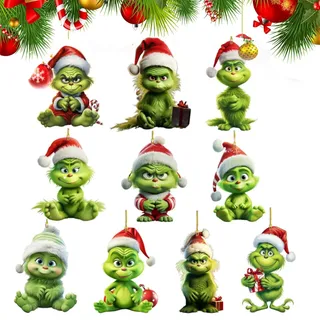 Grinch UieaMsio 10 Stück Weihnachtsbaumschmuck Christmas Decorations Grinch Deko Weihnachtsschmuck Grinch Weihnachtsbaum Deko Mit Elastischer Kordel 2D Acryl Anhänger,Baumschmuck Weihnachten (A) (A)