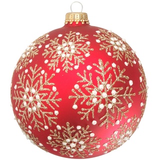 Krebs Glas Lauscha - Weihnachtsdekoration/Christbaumschmuck aus Glas - Weihnachtskugeln - Motiv: Rote Kugel mit Schneekristallen in weiß/Gold - Größe: 6 mal 8cm