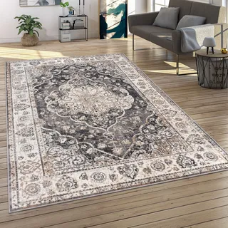 Paco Home Teppich Wohnzimmer Kurzflor Vintage Stil Moderne Ornamente Bordüre Grau, 5