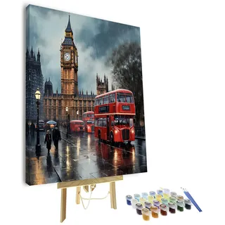TISHIRON Malen nach Zahlen Erwachsene - DIY Malen nach Zahlen Kit mit London Regen Szene, Big Ben und Rotem Bus Malen für Erwachsene, 40x50 cm(Gerahmt)
