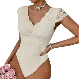 Haibang Body Damen Sexy Spitze V-Ausschnitt Kurzarm Bodysuit Elegant Stickerei Spitzenbody Floral Lace Rückenfrei Oberteil Slim Fit Jumpsuit Overall Sommer Damenbody Spitzenbluse Party Club Shirts - S