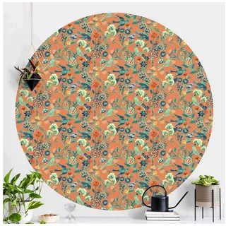 Bilderdepot24 Vliestapete rund Indisches Muster Vögel Blumen Orange, Glatt, Matt, (Vliestapete selbstklebend), Wohnzimmer Schlafzimmer Küche Wandtattoo Motivtapete Klebe Wandtapete orange 150 m x 150 m