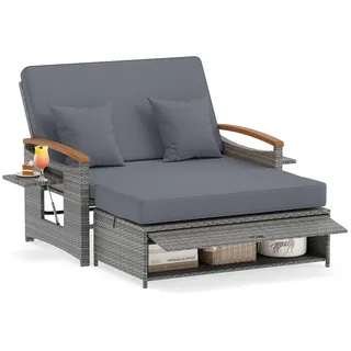 COSTWAY Loungebett outdoor, Rattan, 2-Personen, Gartenliege mit verstellbarer Rückenlehne grau