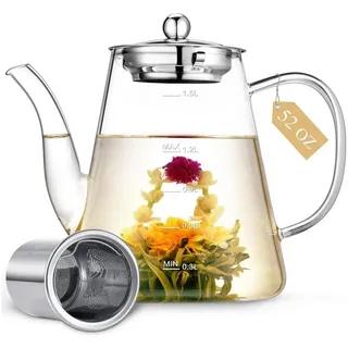 LuxusKollektion Teekanne Teekanne Glas Borosilikatglas Teesieb Teeblumen Geschenkset 1500ML beige