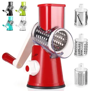 Dreamhigh® Käsereibe mit Kurbel, Gemüseschneider mit 3 Edelstahl Austauschbaren Trommelklingen, Manuelle Trommelreibe, Gemüsehobel, Starke Saugwirkung, Ideal für Gurken, Käse, Nüsse, Karotten, Rot