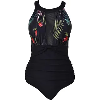 Badeanzug Push Up Damen Figurformend Blumen Rüschen Große Größen Monokini Bademode Frauen Bandeau Bikini Schlankstütz Badeanzüge Einteiler Schwimmanzug Shape Bauchweg Badeanzug Hohem Ausschnitt 3XL - 3XL