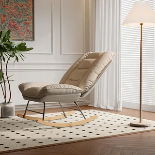 jeerbly Schaukelstuhl Relaxstuhl, 12-Fach verstellbare Rückenlehne, Lounge Schaukelsessel für Schlafzimmer Wohnzimmer, bis 110 kg belastbar, Beige & Grau, 90x63x100 cm (Horizontal)