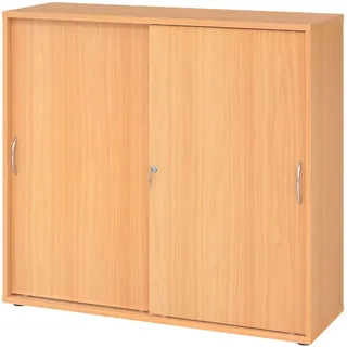 bümö Schiebetürenschrank 3OH - Aktenschrank abschließbar, Sideboard Schrank mit Schiebetüren in Buche, Bogengriff - Büroschrank aus Holz mit