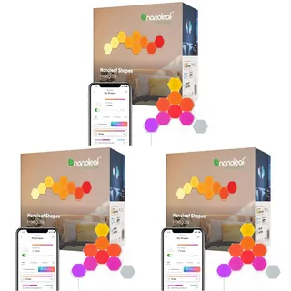 Nanoleaf Shapes Hexagon Starter Kit,9 Smarten LED Panels RGBW-Modulare WLAN 16 Mio. Farben Wandleuchte Innen,Musik &Bildschirm Sync,Funktioniert mit Alexa Google Apple,für Deko &Gaming,(Packung mit 3)