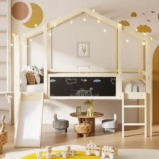 Merax Kinder Hochbett Holz 90x200 cm mit Rutsche & Leiter, Spielbett mit Stauraum, Geländer & stabilem Rahmen, Naturfarbe