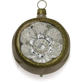 Lauschaer Glas Christbaumkugeln mit Einstich Eislack champagner mit Dekor 4 Stück d 6cm Christbaumschmuck Weihnachtsbaumschmuck mundgeblasen, handdekoriert