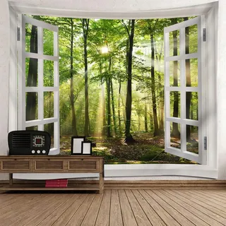 Mesnt Wandteppich XXL Wald, Weißes Fenster mit natürlicher Waldlandschaft draußen Groß Wanddeko für Schlafzimmer Wohnzimmer Wohnheim, 300x256cm