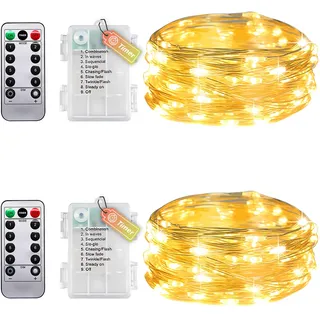 2er Pack Lichterkette Draht Mit Timer Und Fernbedienung, Kleine Lichterkette Innen Mit Batterie, 5M 50LEDs IP65 Wasserdicht Ohne Batterien Für Schlafzimmer Hochzeit Weihnachten Party Dekoration