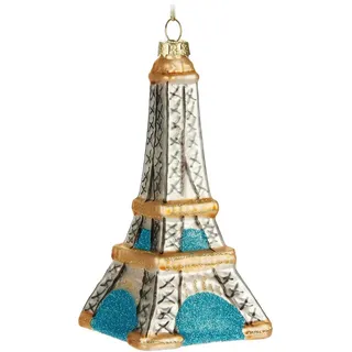Brubaker Eiffelturm - Handbemalte Weihnachtskugel aus Glas - 14 cm Baumkugel Paris Dekoration - Weiß, Gold und Blau - Mundgeblasener Christbaumschmuck - Figur Lustig Deko Anhänger