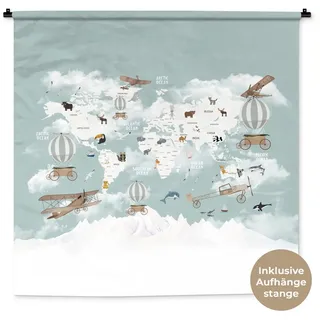 MuchoWow Wandteppich Weltkarte - Kind - Flugzeug, Quadratisch, Höhe: 3 mm, Wand Teppich Wohnzimmer, Schlafzimmer, 150x150 cm Quadratisch | 150 cm x 150 cm x 3 mm