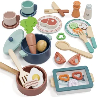 Lehoo Castle Kinderküche Zubehör, Spielküche Zubehör Holz, Kinder Küchenset, Kinderküche Geschirr mit Töpfe und Kochgeschirr, Spielzeug ab 3 Jahre