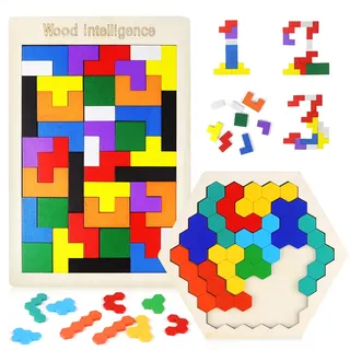 Holzpuzzle Knobelspiele Kinder Holzspielzeug Kinderspiele Tetris Spiel Holz Puzzle Toys 2 Stück Geduldspiele für Kinder Montessori Spielzeug ab 3 4 5 6 Jahr Wooden Jigsaw Block Puzzle