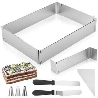 Backrahmen Rechteckig Verstellbar mit Teiler, Tortenring Verstellbar, Edelstahl Viereckige Backform Rechteckiger Backrahmen Eckig Verstellbar Backblech für Kuchen Pizza Torten, mit Zubehör