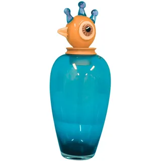 Handgefertigte Design-Vase (45 cm) aus durchgefärbtem, türkisem Glas mit dekorativem Holzaufsatz in Vogeloptik (Papageno).Jede Vase EIN Unikat stilvoll, farbintensiv und exquisit verarbeit.