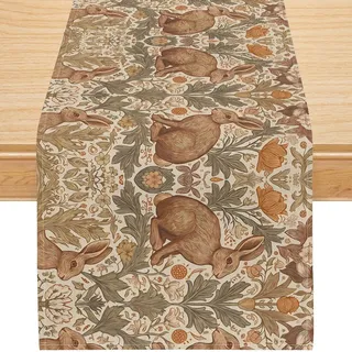 Vintage Hasen Tischläufer im Morris Stil, Botanisches Floral Muster auf Beige, Cottagecore Woodland Natur Deko für Esstisch Küche Wohnzimmer, Wasserabweisende Leinenoptik 33x92cm
