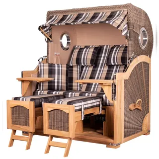 Mr. Deko bene,iving Strandkorb Komplettset Ammersee Grande XL Teak Bullauge PE grau Modell 583 inkl. Liftersystem Schutzhülle Doppelrollen Glasbecherhalter