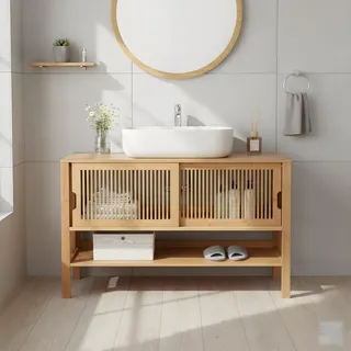 MinteLiv Waschbeckenunterschrank 100cm - Badezimmerschrank Bambus Schiebetüren