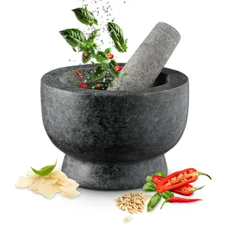 KHG Mörser mit Stößel Granit für Gewürze, 13 cm, Gewürzmörser, Gewürzmörser | groß XL mit 2,5 kg rutschfest, polierter Steinmörser in schwarz mit rauer Innenfläche & Stößelspitze, für den Alltag