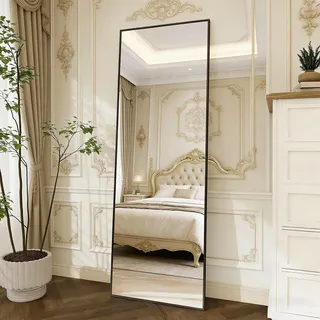 PerGar Ganzkörperspiegel, Rechteckiger Standspiegel, Groß Ganzkörperspiegel Wandspiegel, Stehend oder Hängend, für Schlafzimmer, Wohnzimmer, Garderobe, Flur (Schwarz, 173x63cm)