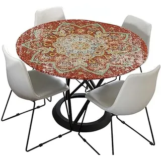 Tischdecke Outdoor Rund 120 cm, Elastisch Rund Abwaschbar Tischdecken Wasserabweisend Lotuseffekt Garten Tischdecke Grau Mandala Table Cloth (Ideal für 100cm-110cm,Vintage Rot)